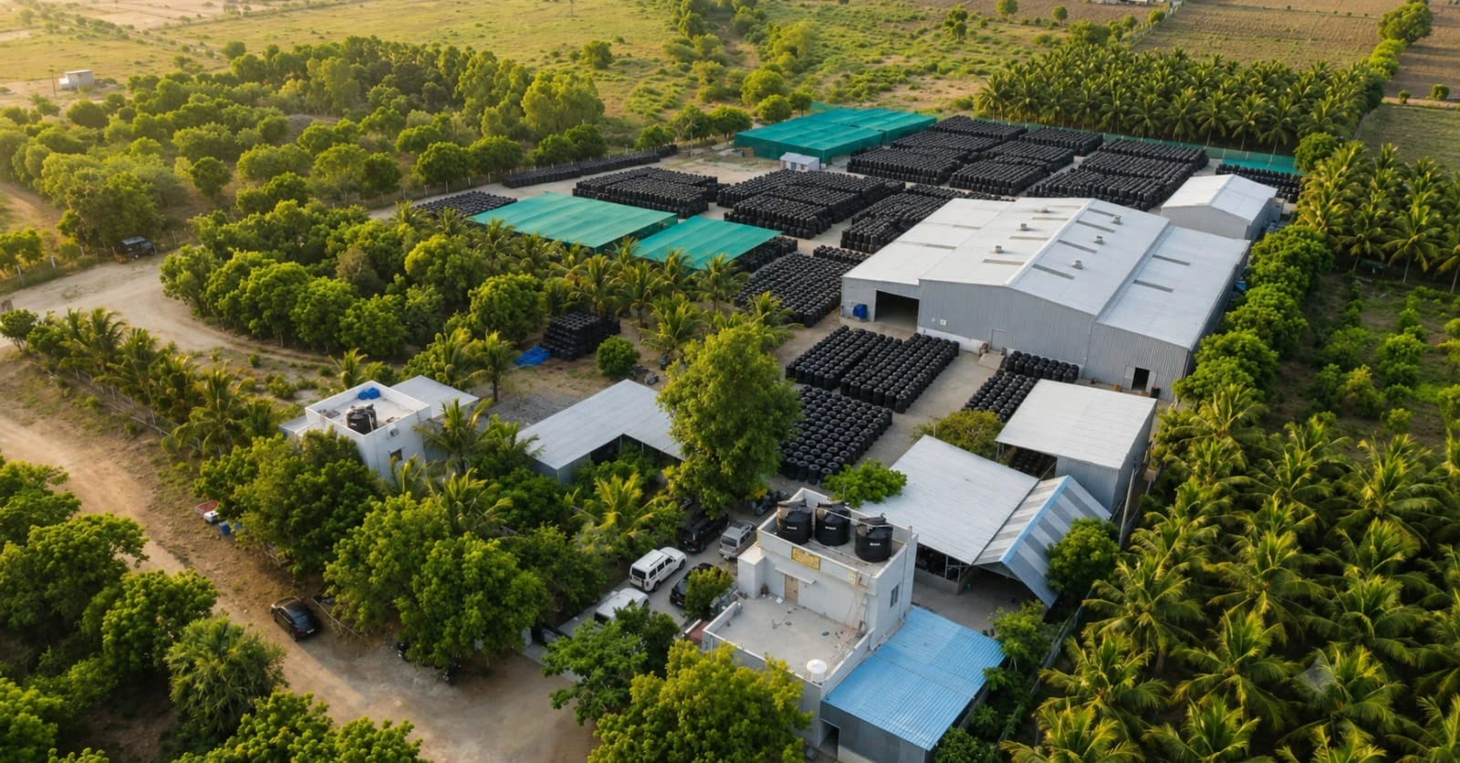 Aerial view of the Rasa Agro Exports processing facility and surrounding farmland at Thenkumarai