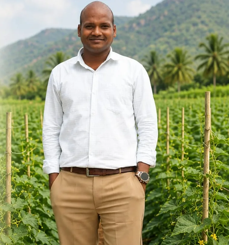 Mr. R. Raja, Managing Director of Rasa Agro Exports, standing in a gherkin field
